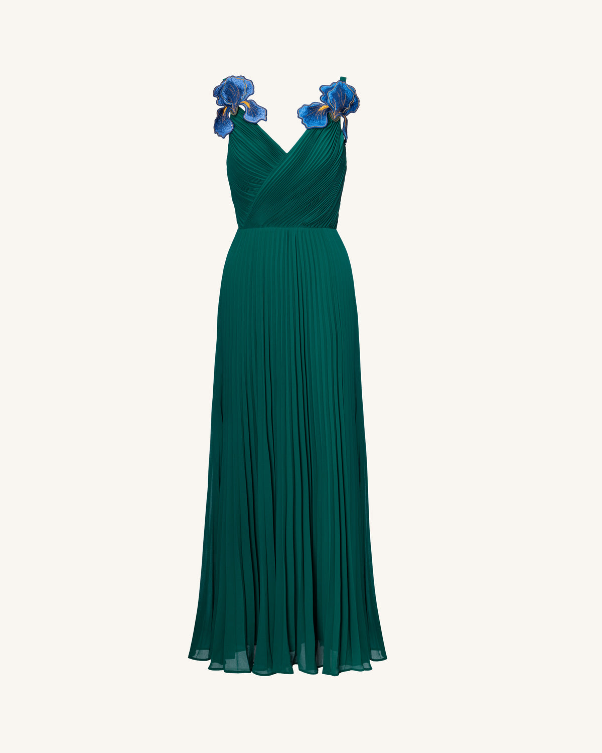Iris Embroidered Pleated V-Neck Maxi Dress - Emerald Green