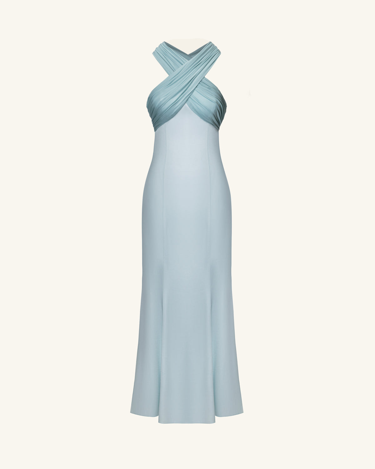 Pleated Cross-Halter Satin Maxi Dress - Dusty Blue