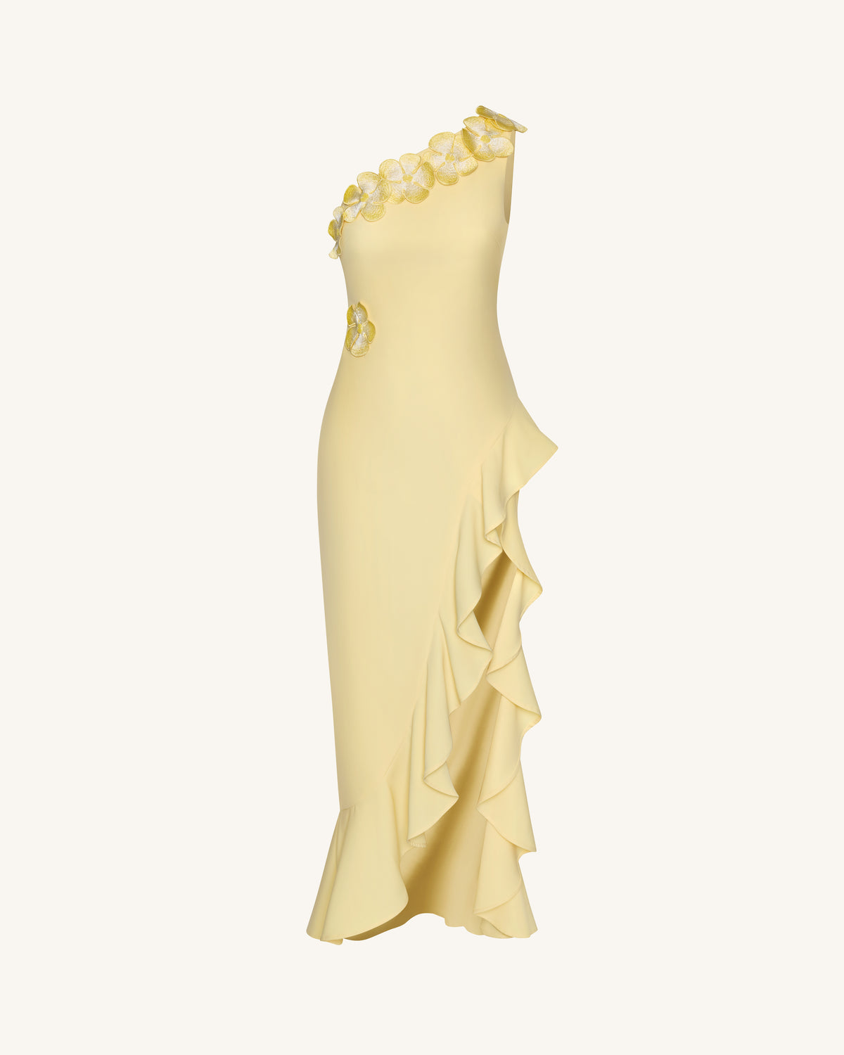 Floral Appliqué One Shoulder Ruffle Slit Dress - Yellow