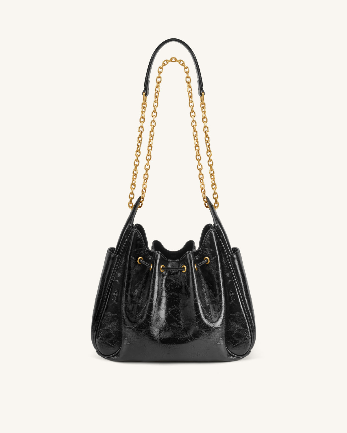 Rowan Ruched Drawstring Chain Bucket Bag - Jet Black