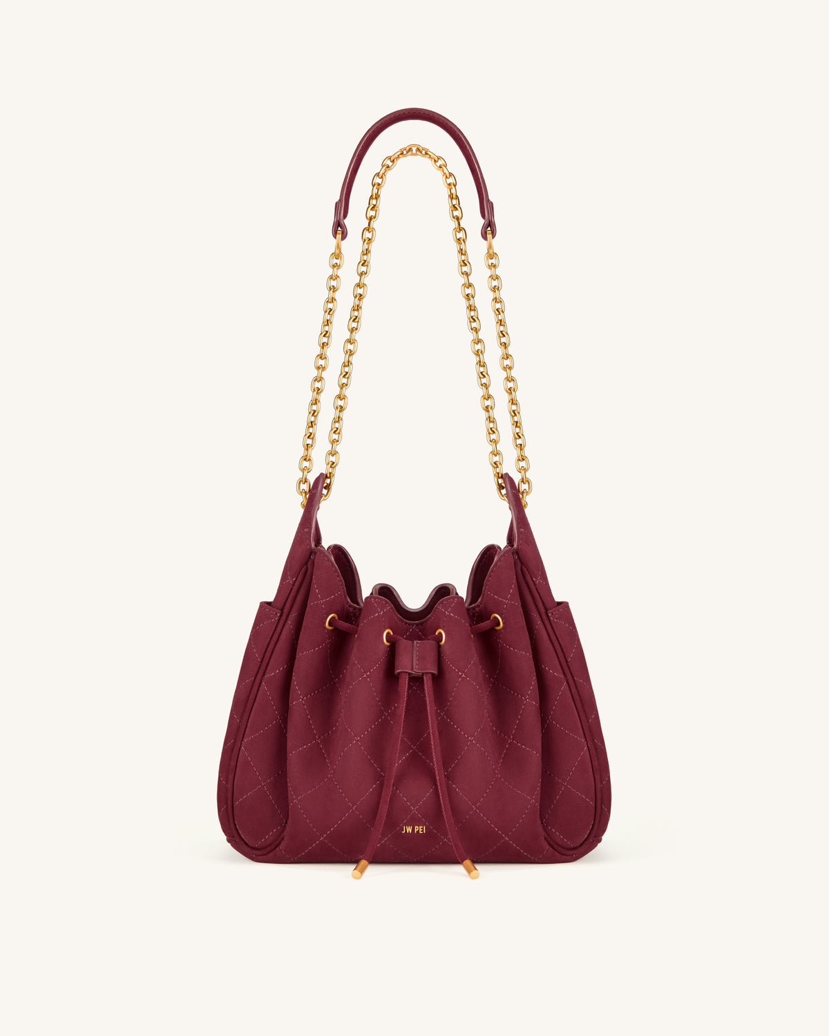 Rowan Faux Suede Quilted Chain Bucket Bag - Dark Red