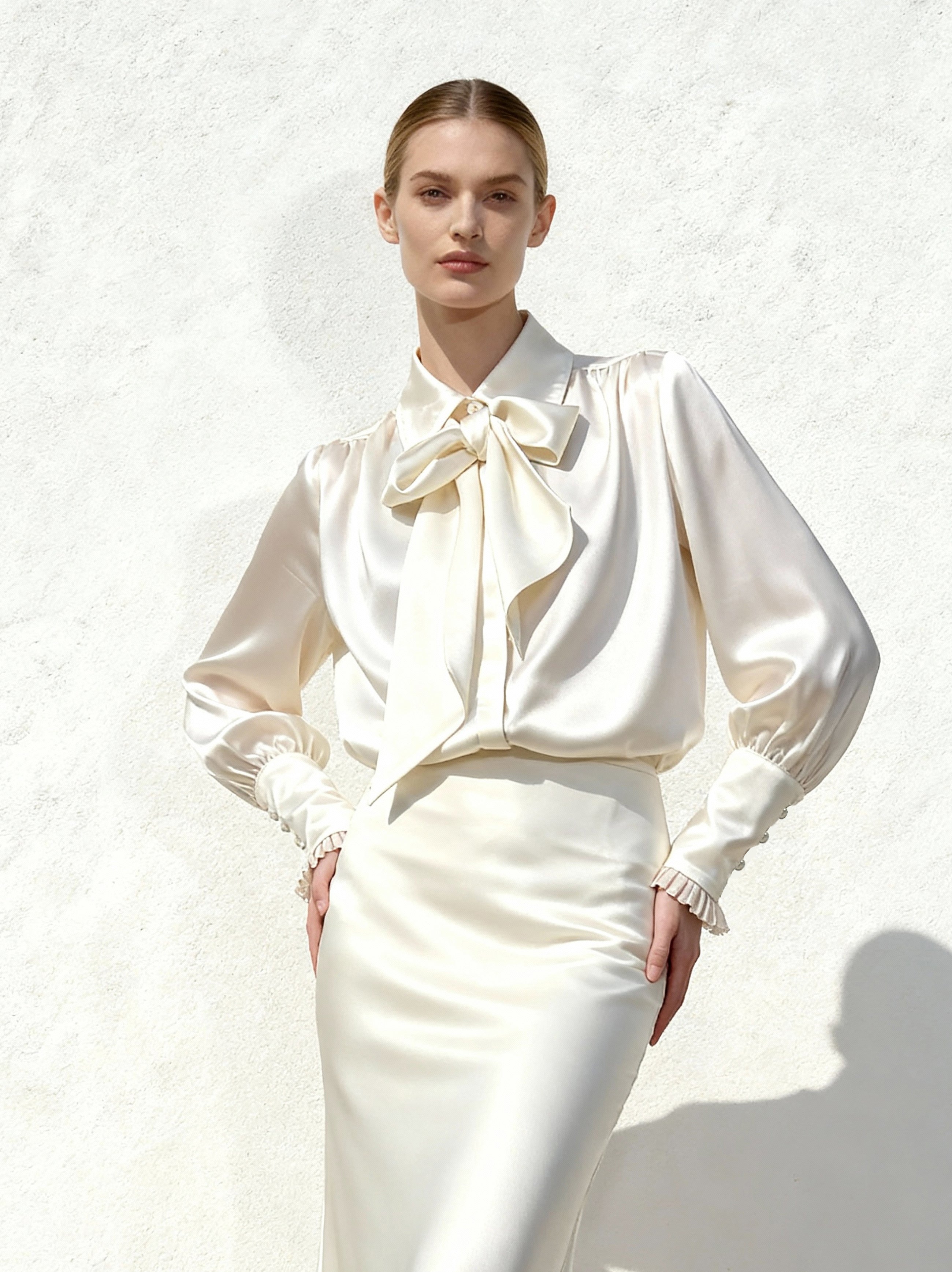 Ribbon Tie Balloon Sleeve Blouse - White