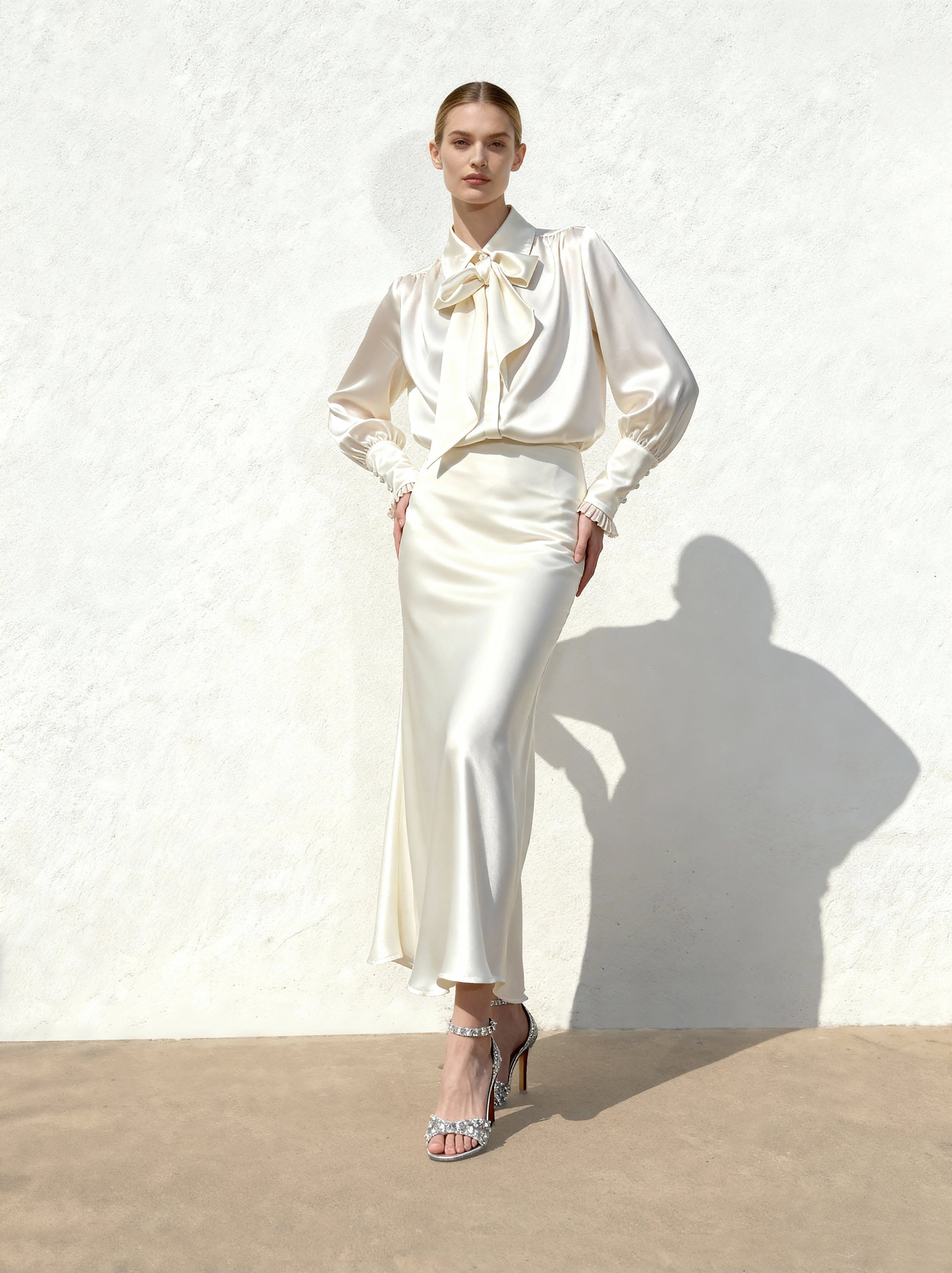 Ribbon Tie Balloon Sleeve Blouse - White