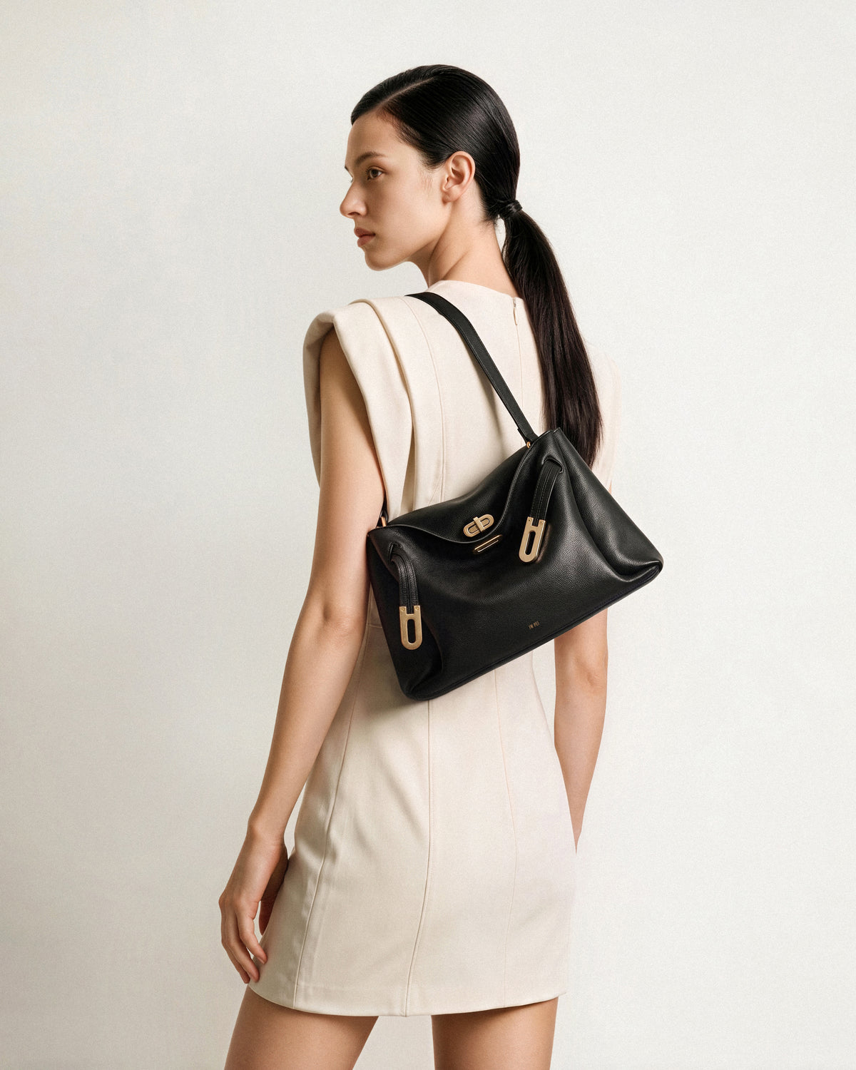 Rhea Pebbled Double Buckle Shoulder Bag - Black