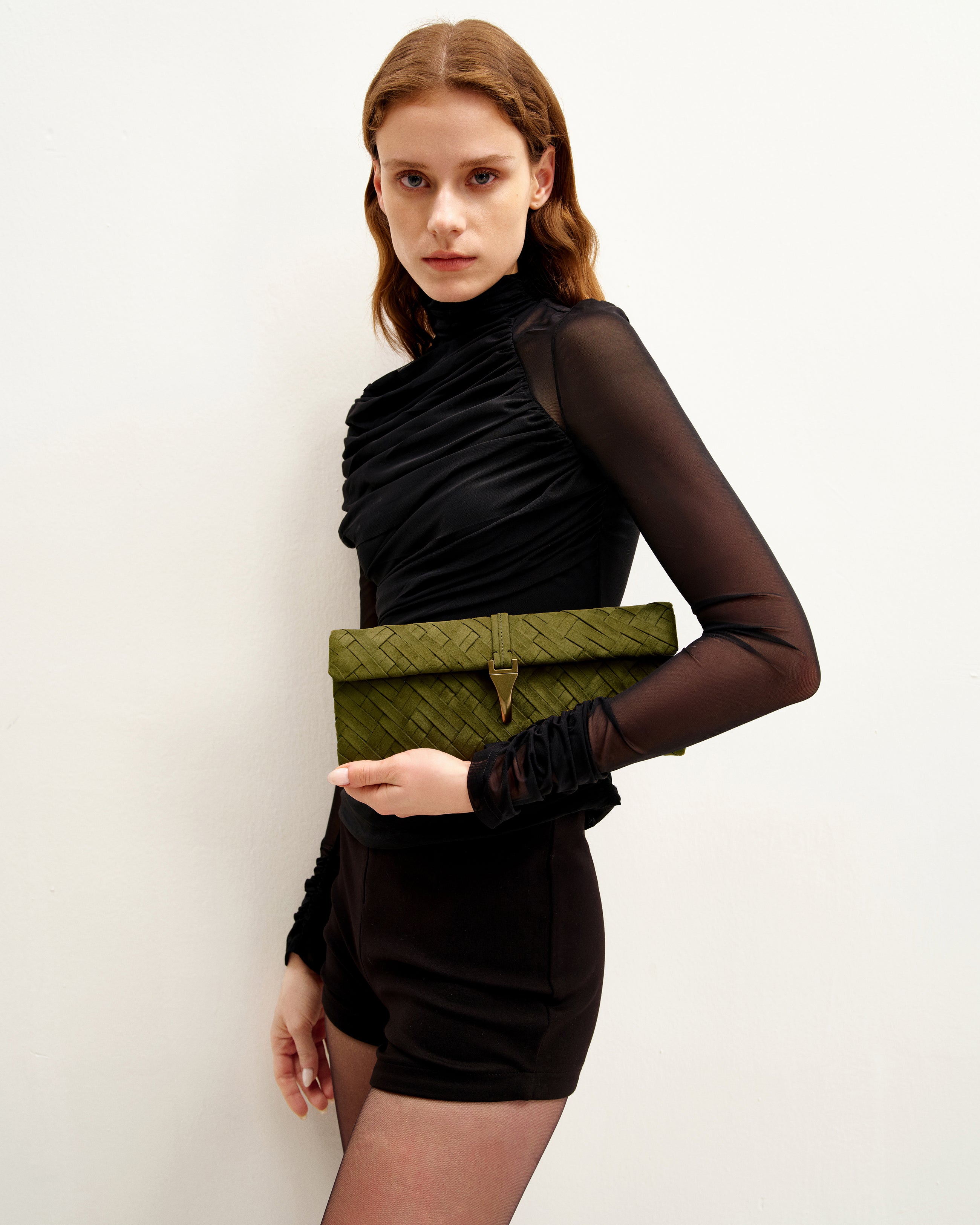 Zaria Woven Clutch - Dark Olive