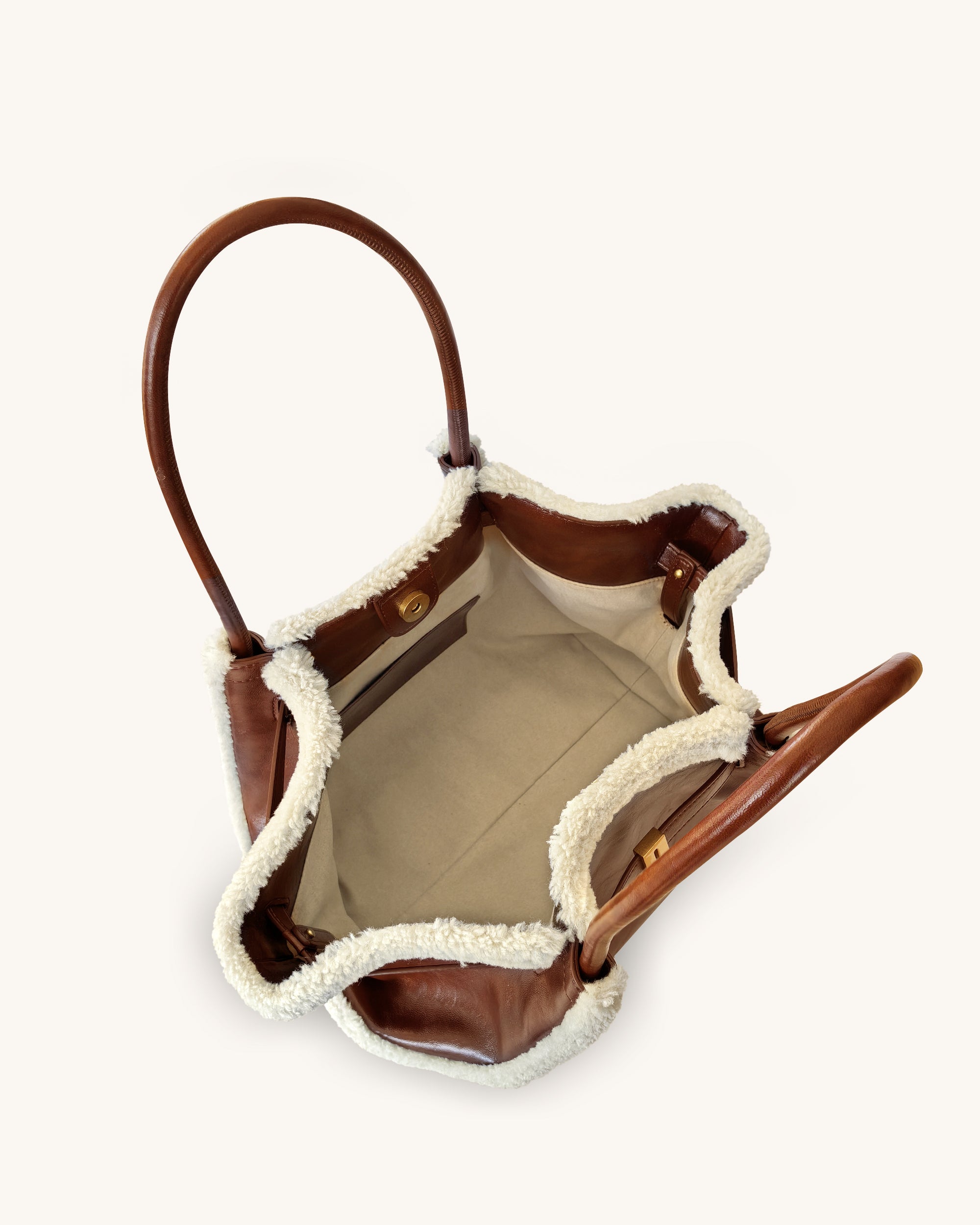 Hana Medium Faux Shearling Trim Tote Bag - Brown