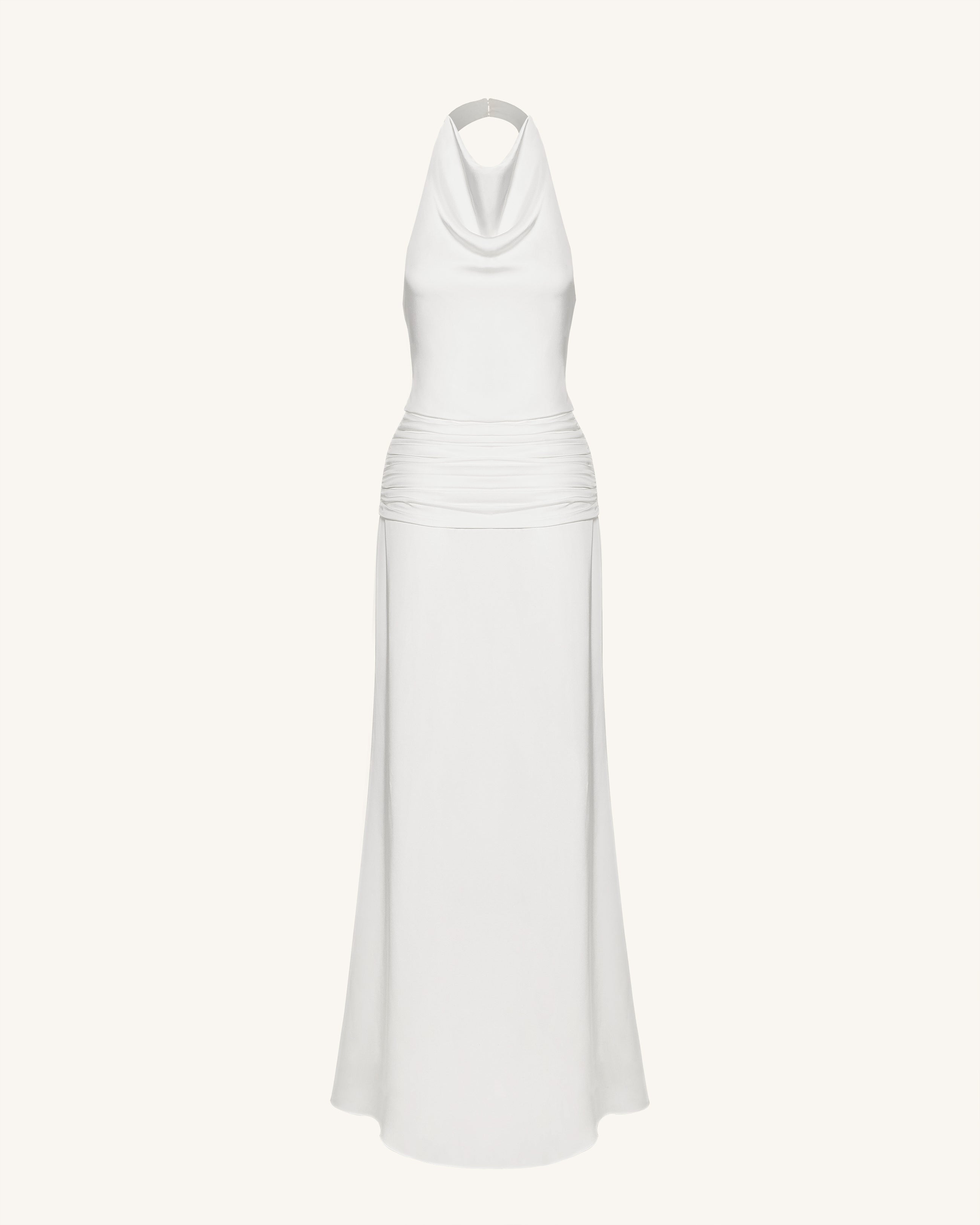 Satin Cowl Neck Ruched Maxi Gown - White