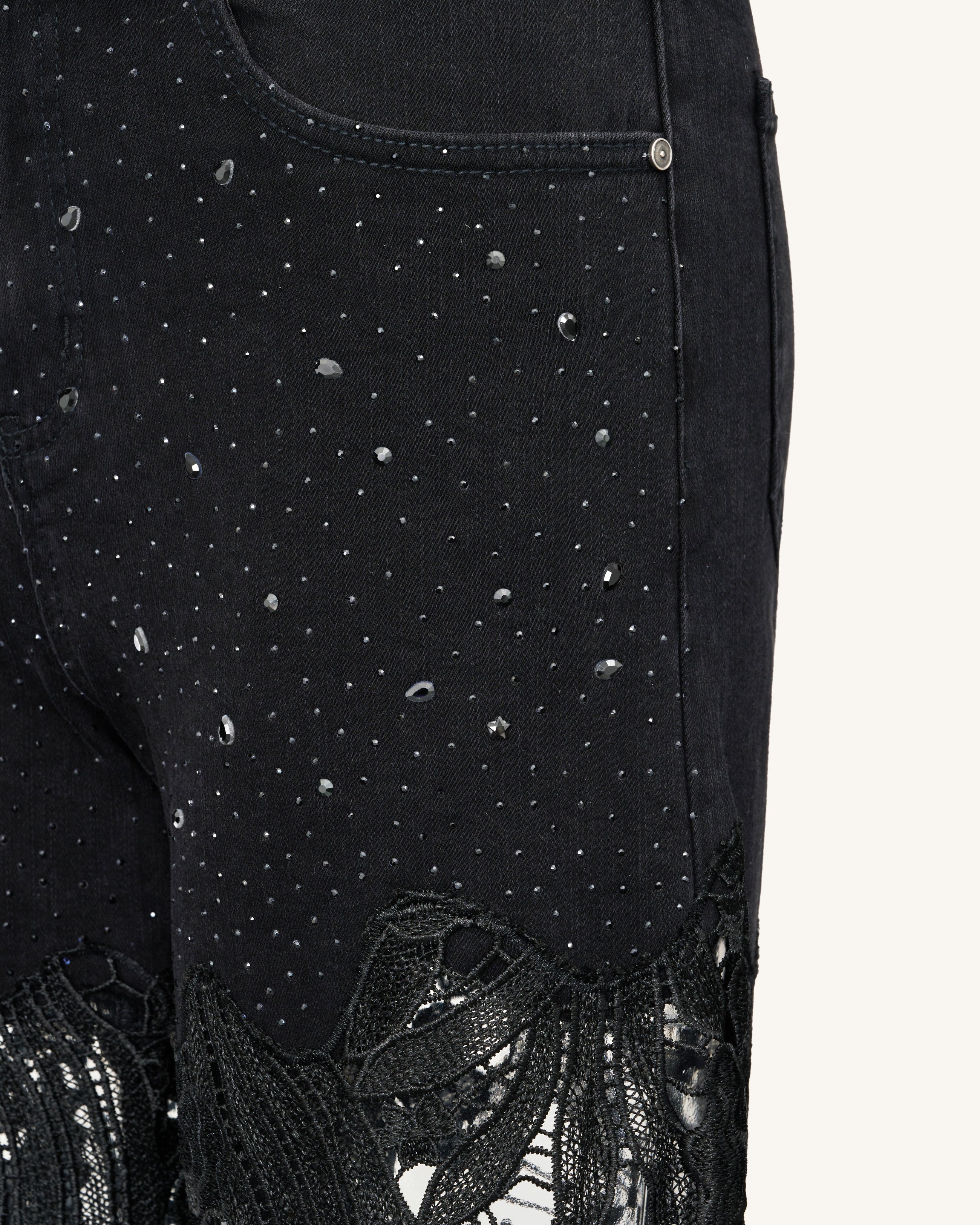 Embroidery High Rise Wide Leg Lace Denim Jeans With Rhinestone - Black