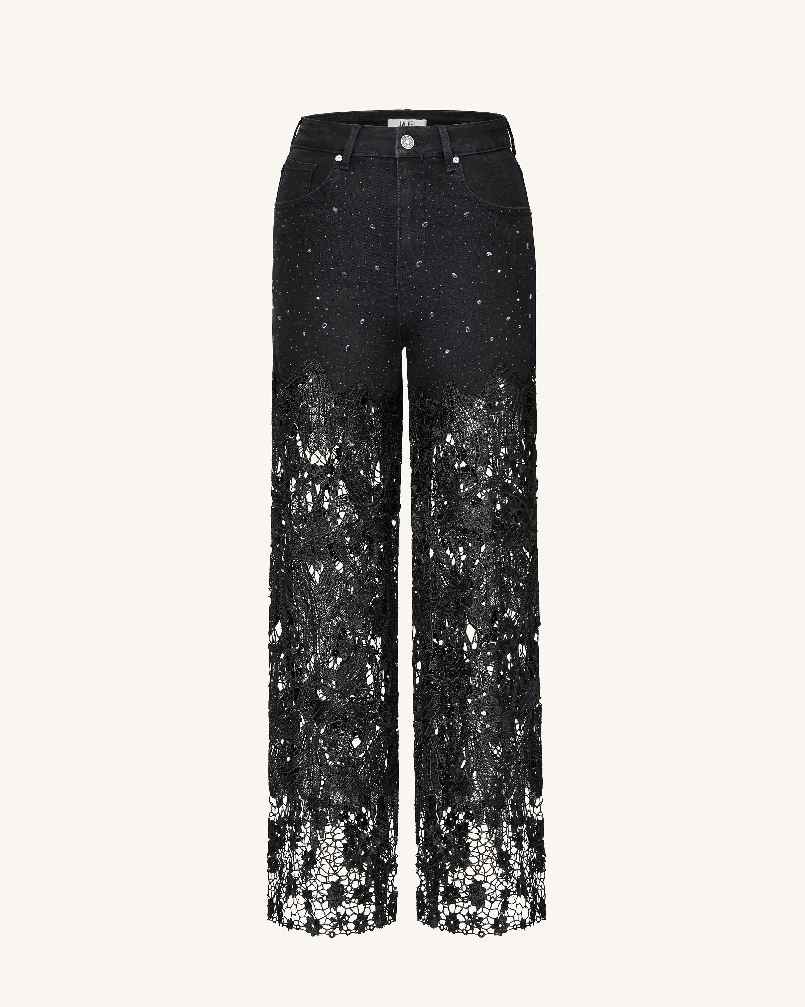 Embroidery High Rise Wide Leg Lace Denim Jeans With Rhinestone - Black