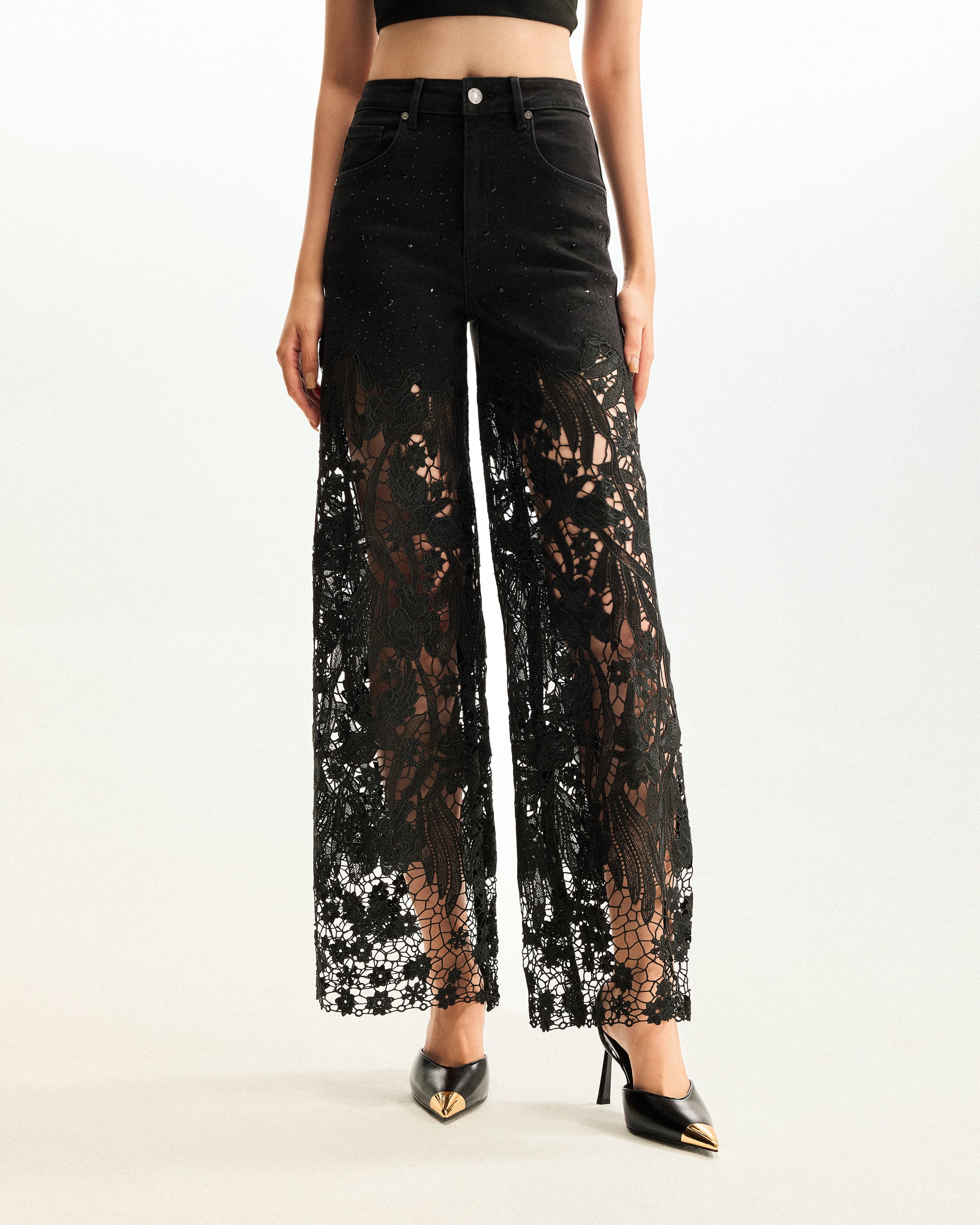 Embroidery High Rise Wide Leg Lace Denim Jeans With Rhinestone - Black