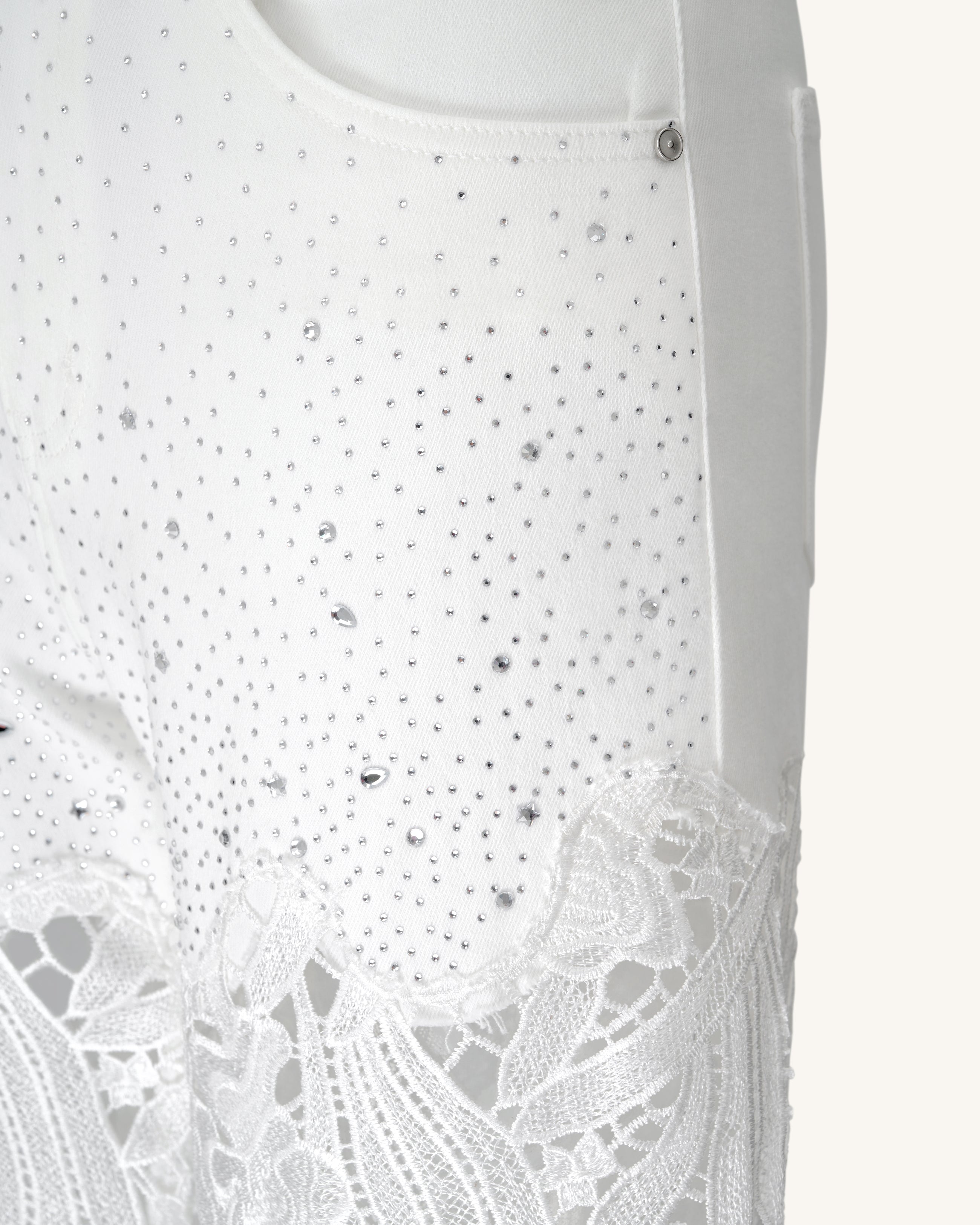 Embroidery High Rise Wide Leg Lace Denim Jeans With Rhinestone - White