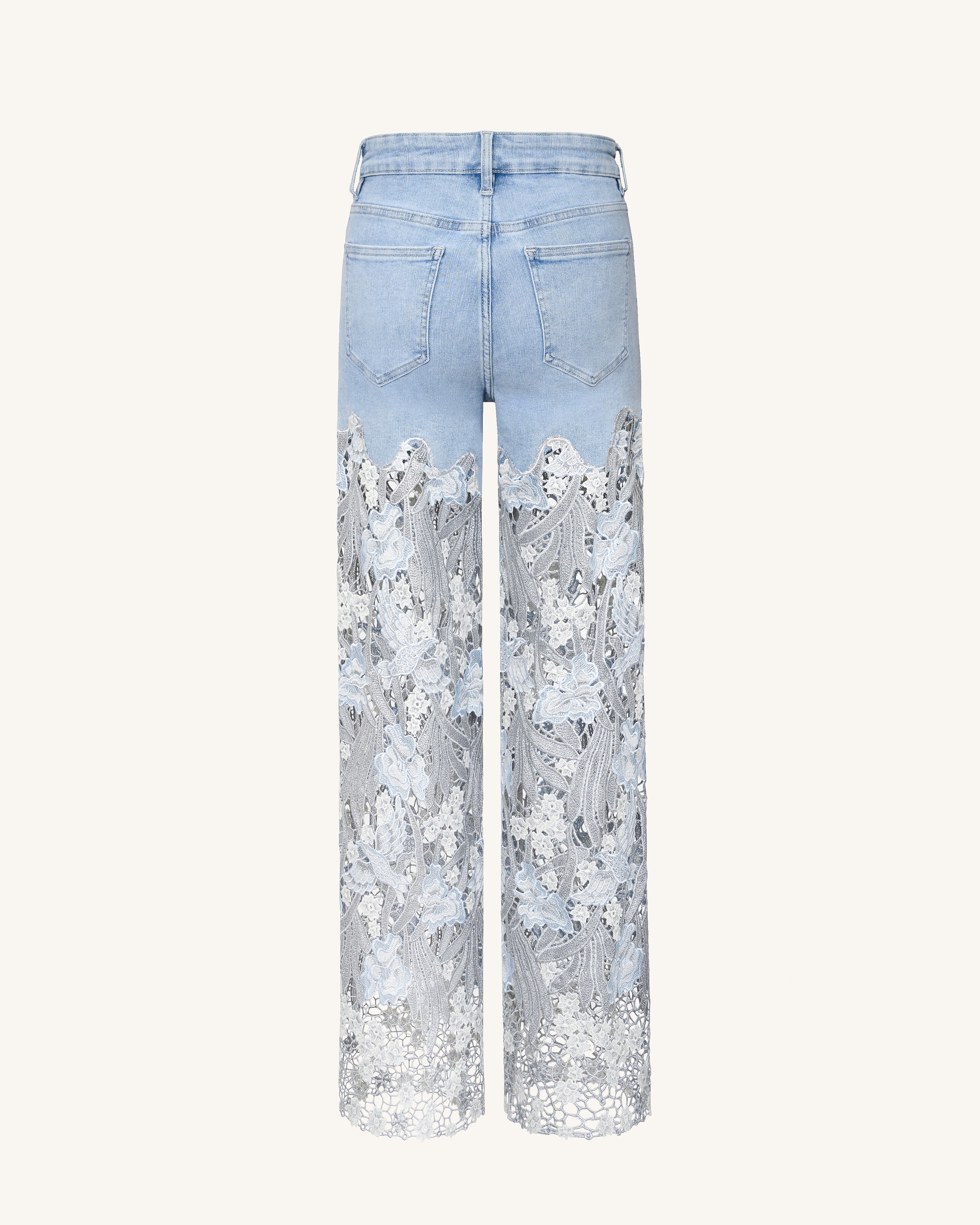 Embroidery High Rise Wide Leg Lace Denim Jeans With Rhinestone - Light Blue