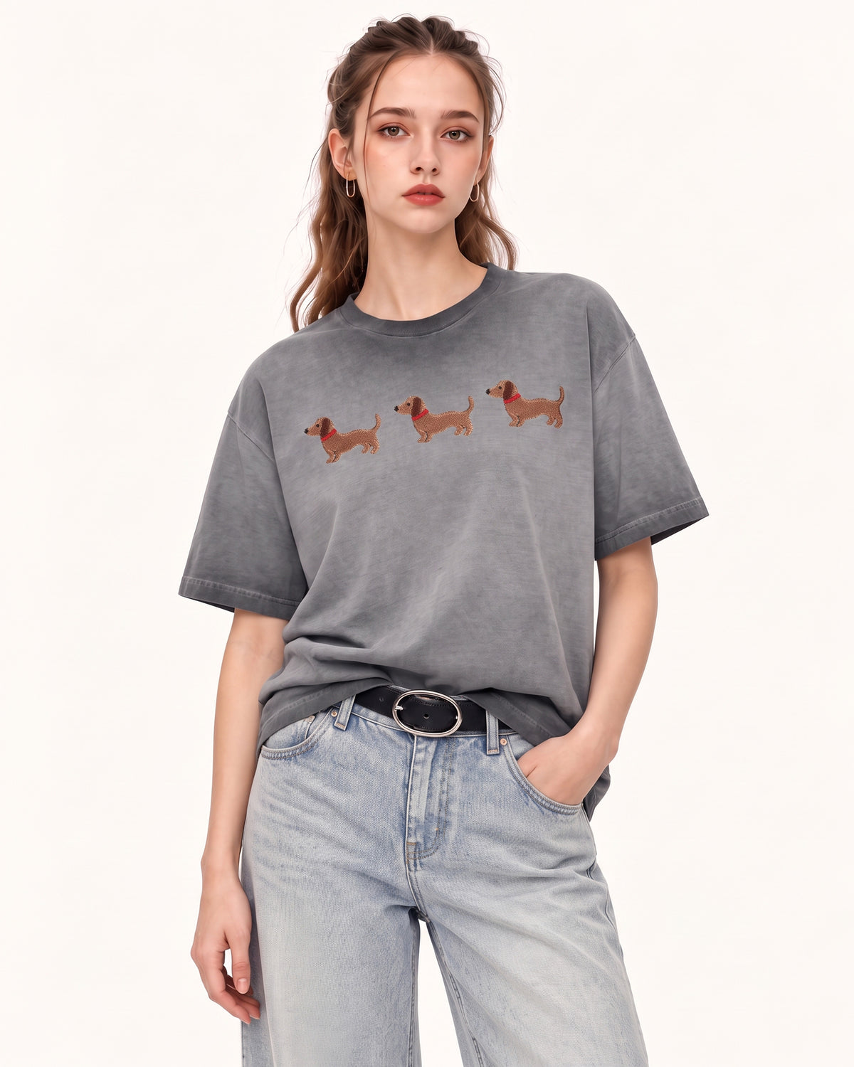 Triple Dachshund Embroidered Boxy Tee - Washed Grey