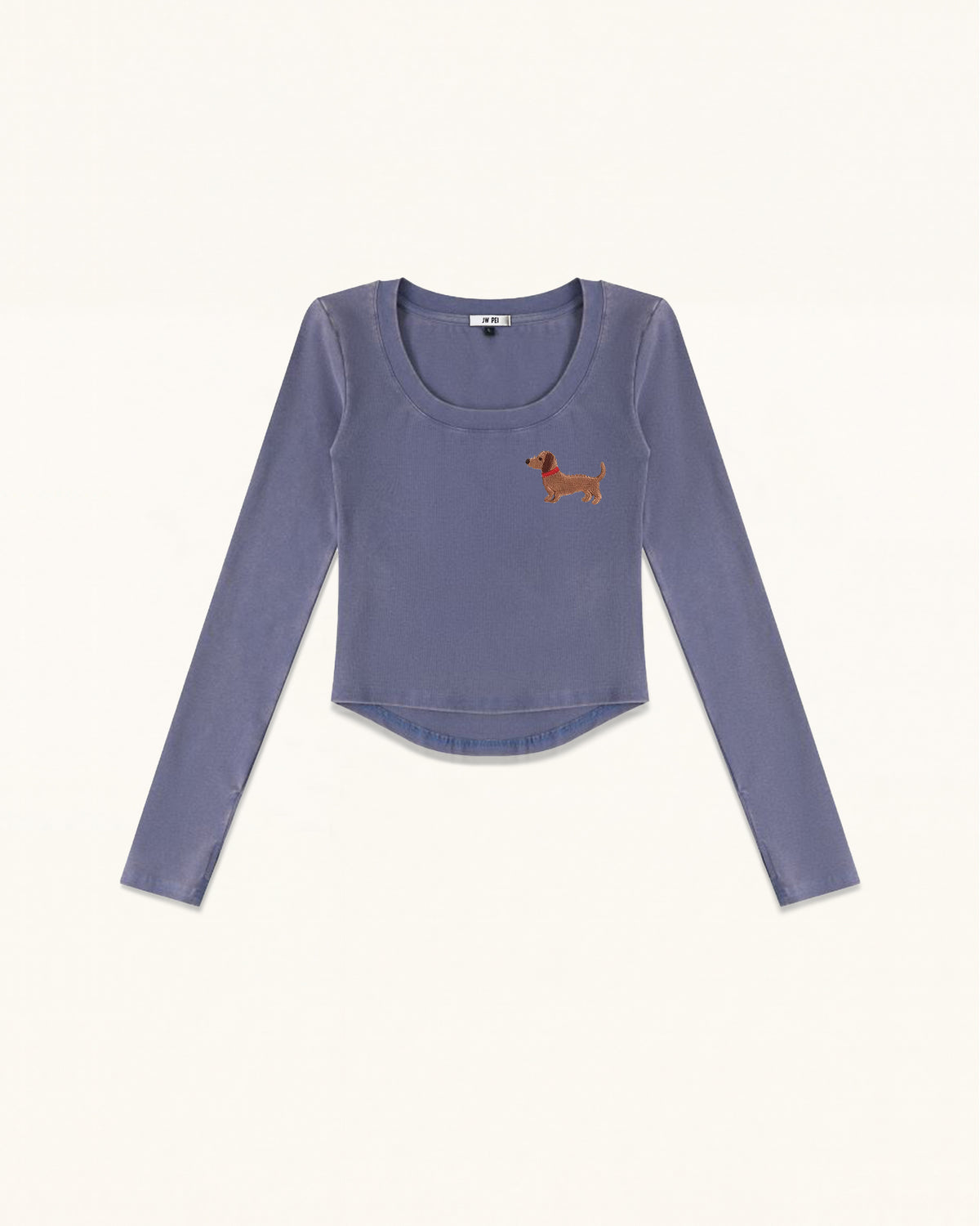Dachshund Scoop Neck Curved Cropped Tee - Smokey Slate