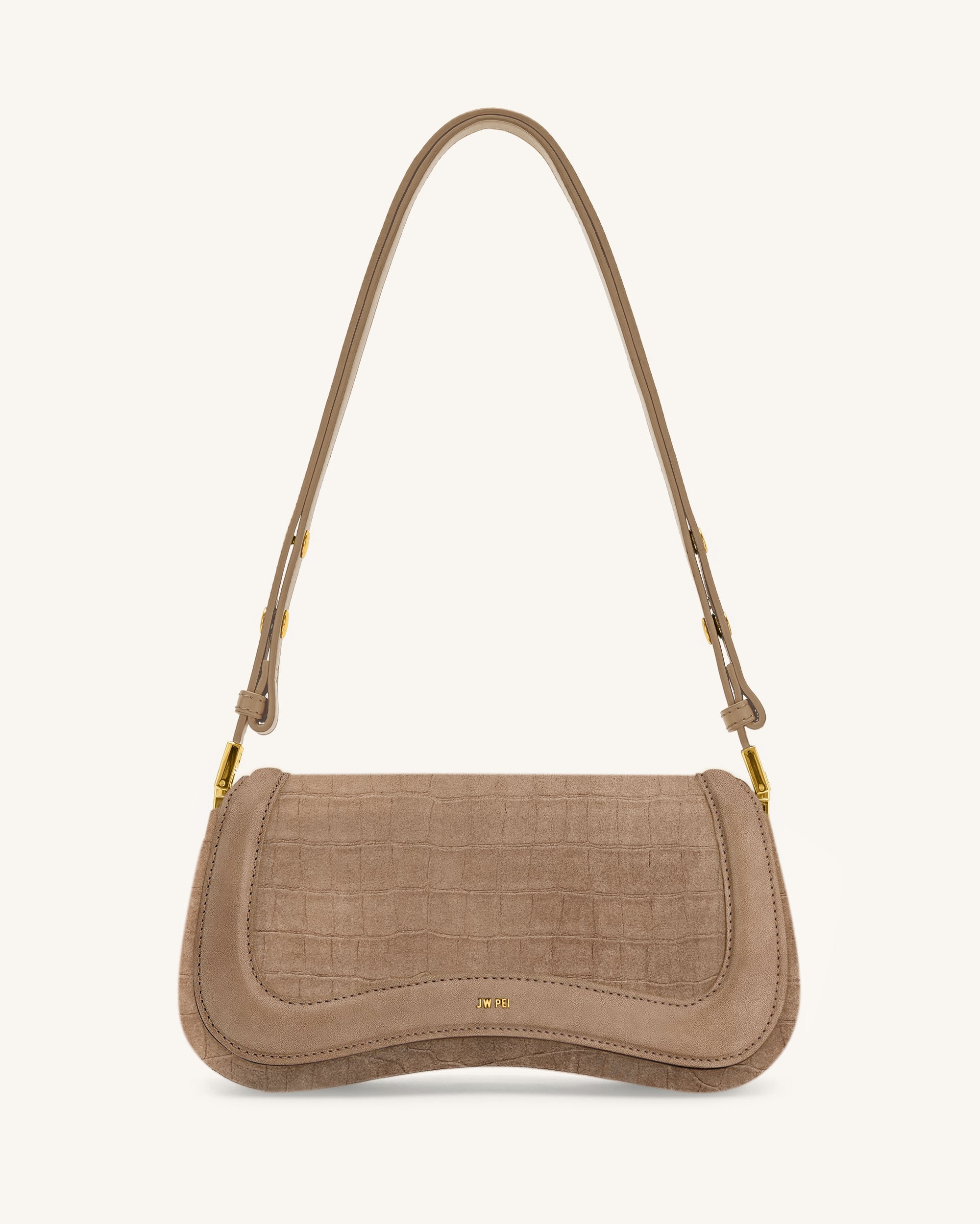 Joy Croc-Embossed Faux Suede Shoulder Bag - Beige