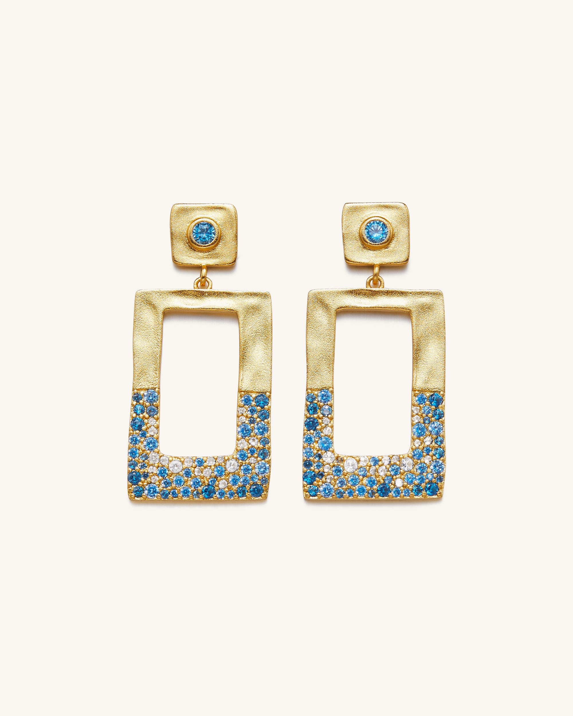Geometrical Openwork Rectangle Earrings 18ct Gold Plated Sea Blue
