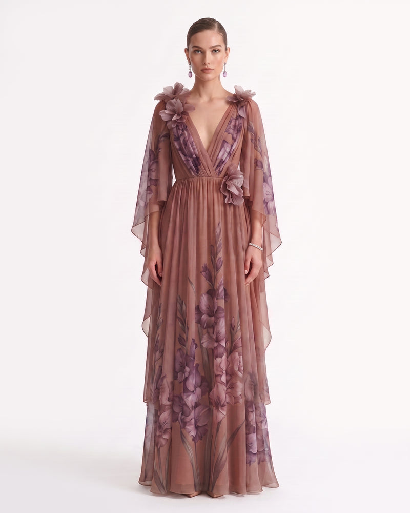 Gladiolus 3D Floral Appliqué Sheer Layered Maxi Dress - Mauve