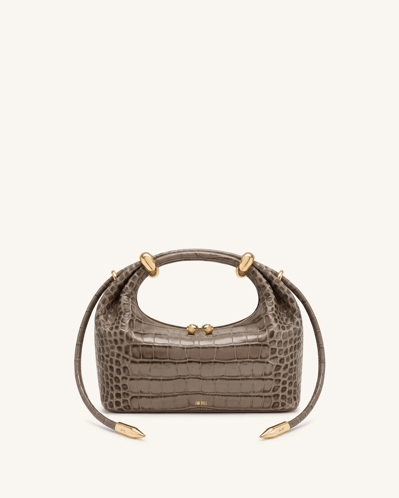 Ellie Metal Ring Embellished Top Handle Bag - Elephant Grey Brown Croc
