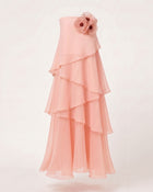 Poppy Embroidered Strapless Asymmetric Ruffle Maxi Dress - Blush Pink