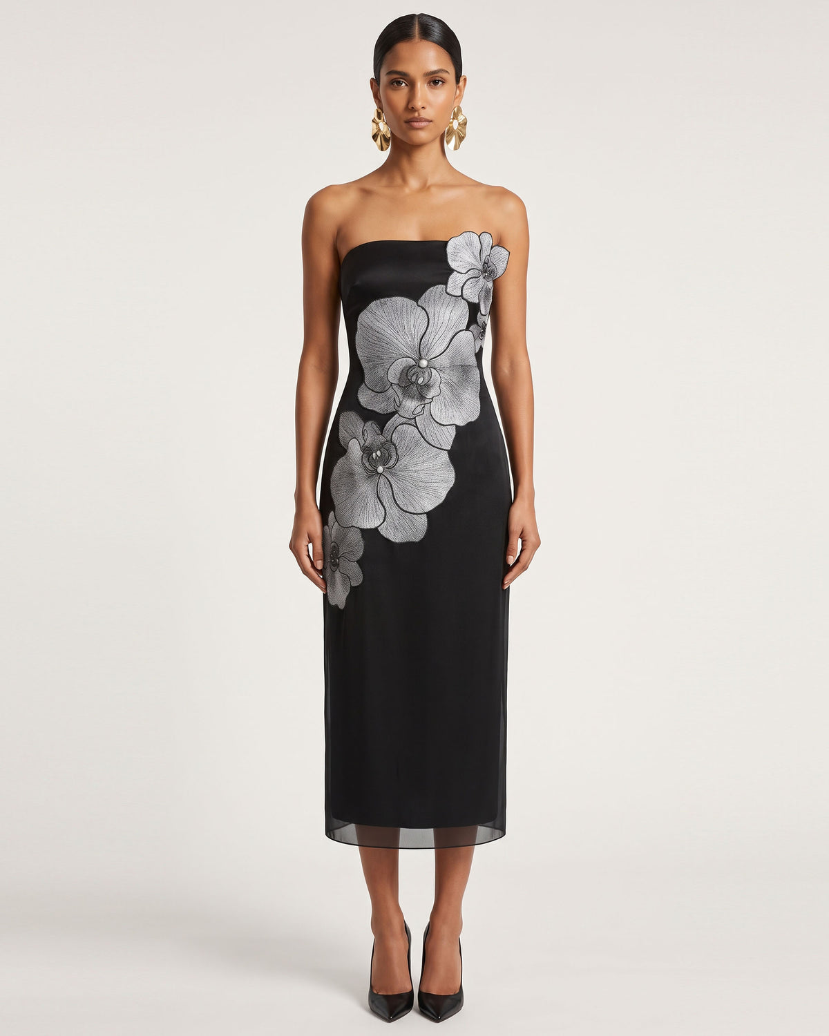 Orchid Embroidered Strapless Column Midi Dress - Black