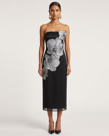 Orchid Embroidered Strapless Column Midi Dress - Black
