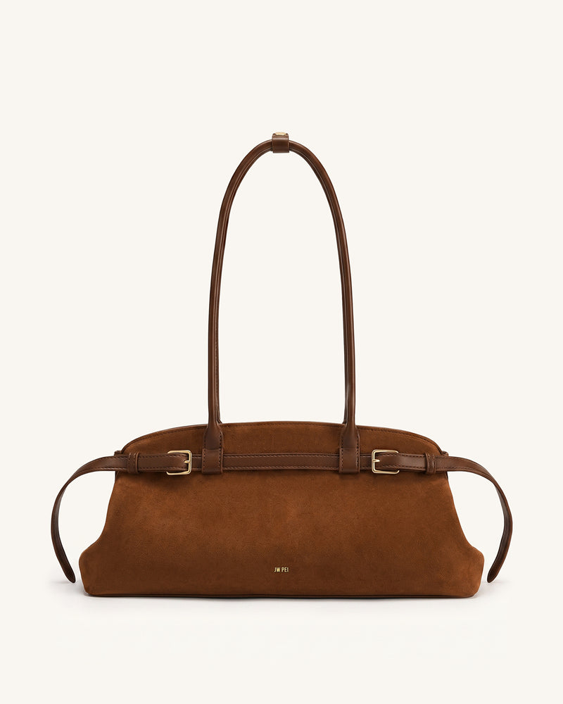 Arden Faux Suede Belt Detail East-West Shoulder Bag - Caramel Brown