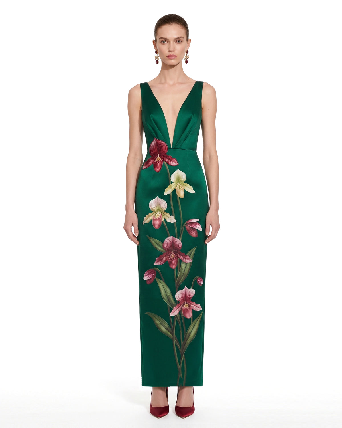 Floral Plunge-Neck Column Maxi Dress - Emerald Green