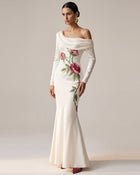 Rose Embroidered Long-Sleeve Foldover Maxi Dress - Pure White