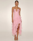 Flower Embroidered High-Low Ruffle Midi Dress - Blush Pink