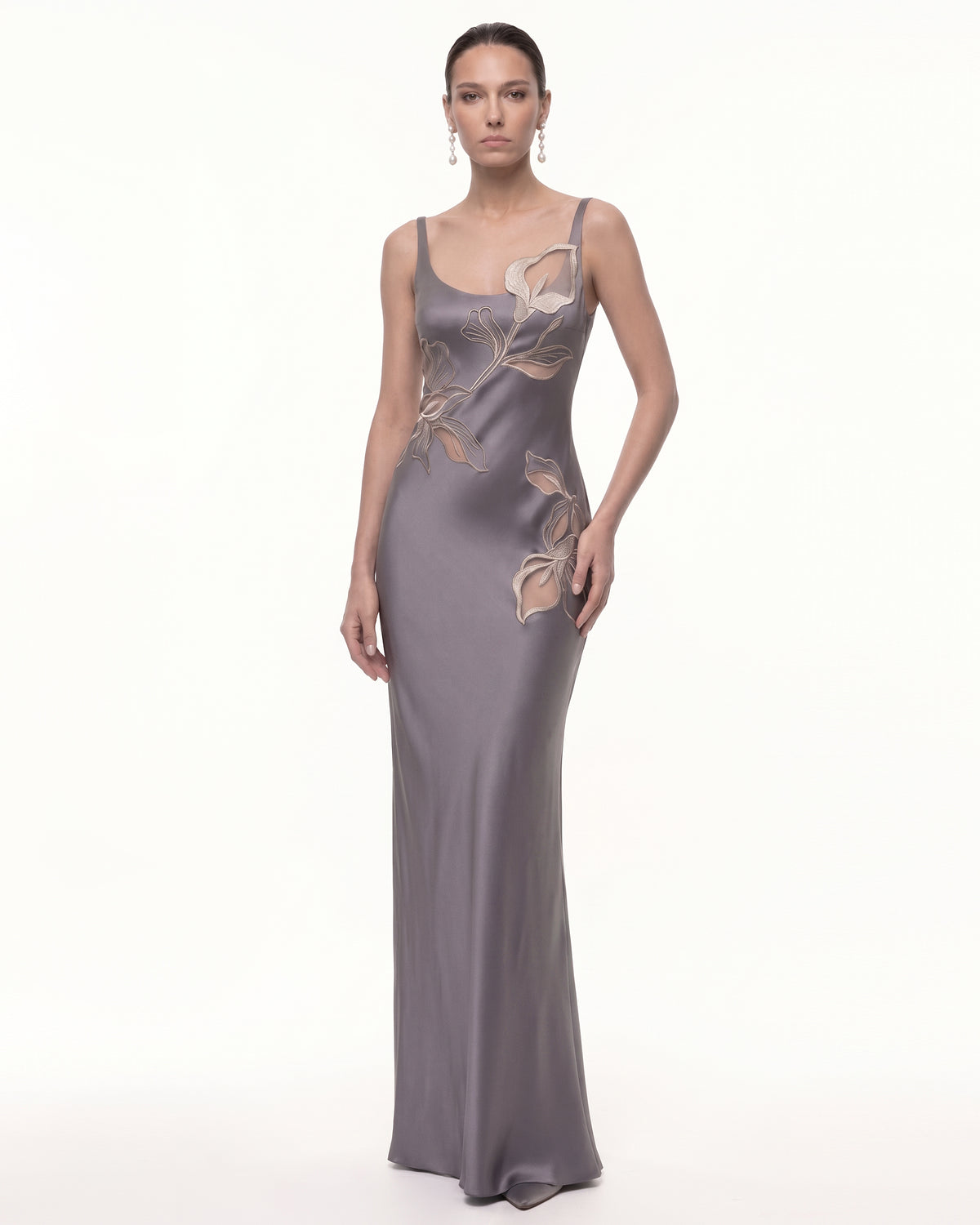 Calla Lily 3D Floral Satin Maxi Dress - Gray Purple