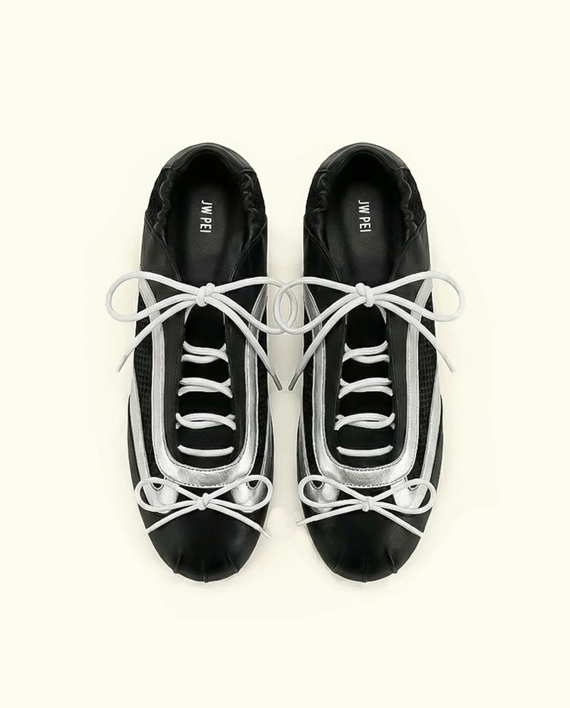 Lena Lace-Up Ballet Sneakers - Metallic Silver & Black