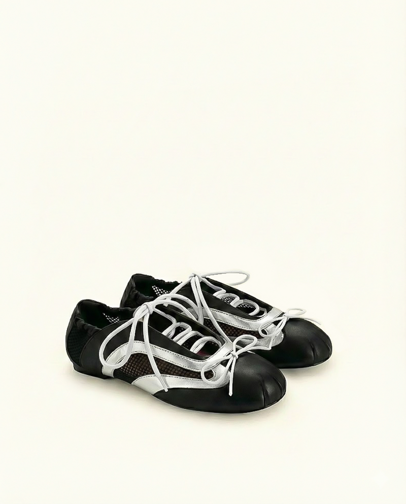 Lena Lace-Up Ballet Sneakers - Metallic Silver & Black