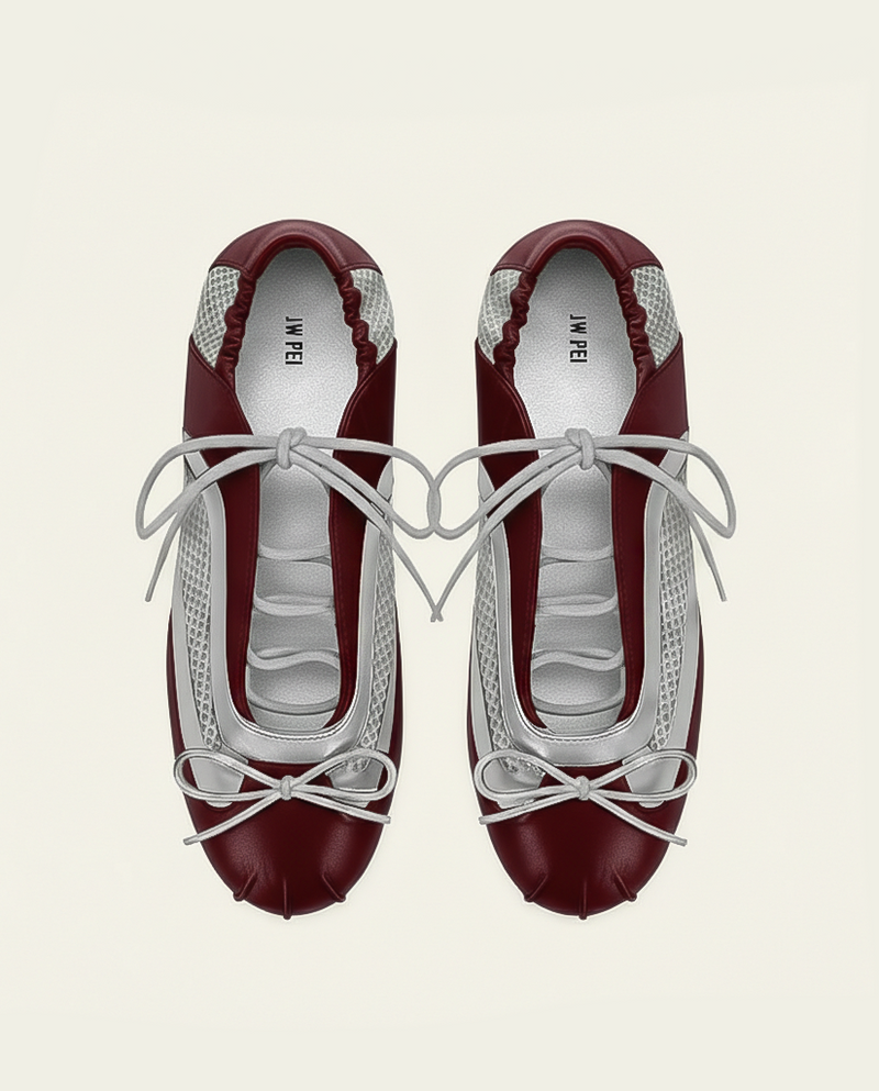 Lena Lace-Up Ballet Sneakers - Metallic Silver & Burgundy