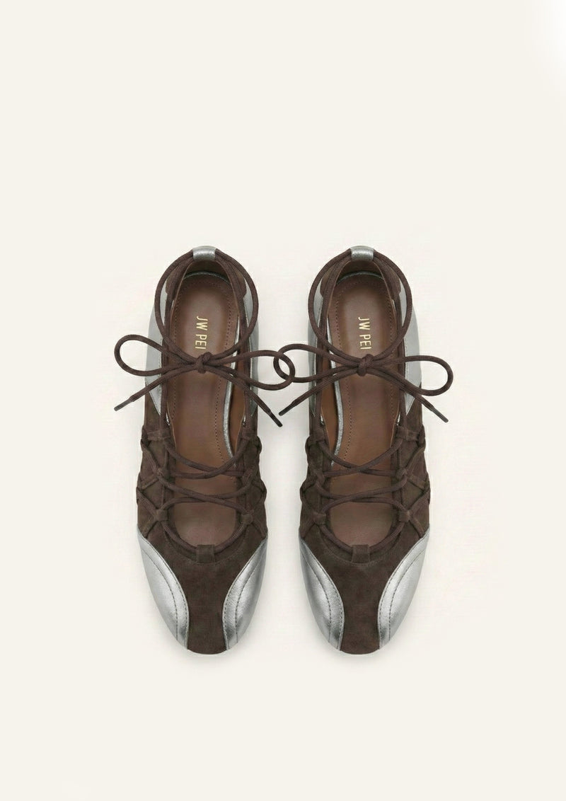 Iria Lace-Up Ballet Flats - Chocolate Brown & Silver