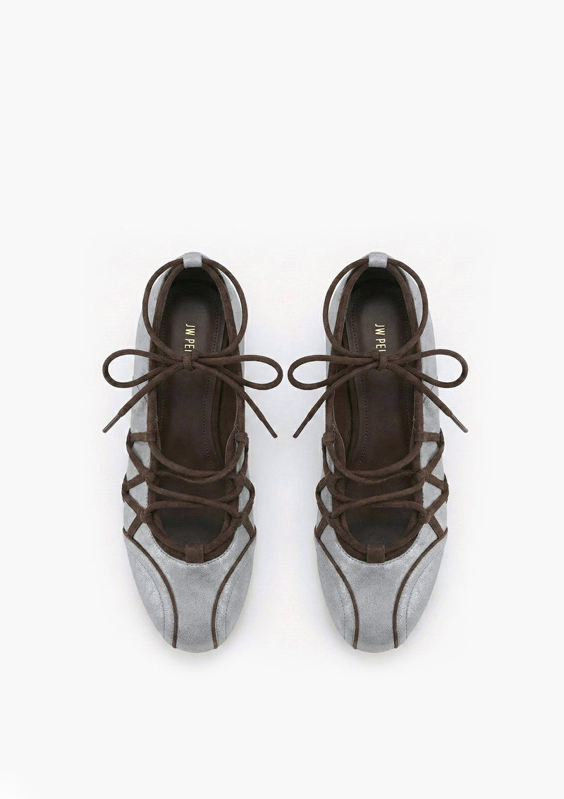 Iria Lace-Up Ballet Flats - Blue Gray & Espresso Brown
