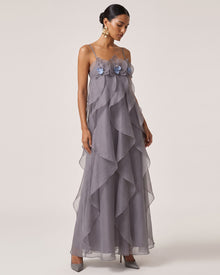 Orchid Embroidered Organza Maxi Dress - Dark Grey