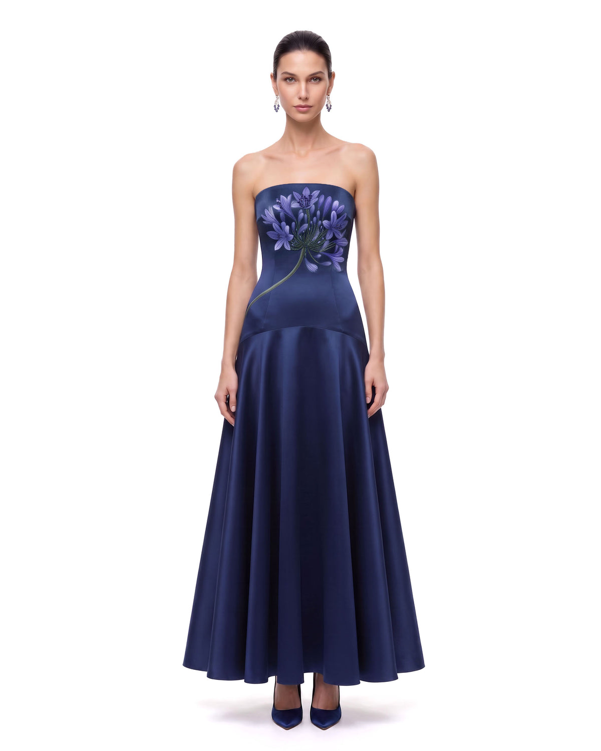 Floral Print Beaded Strapless Drop-Waist Maxi Dress - Navy