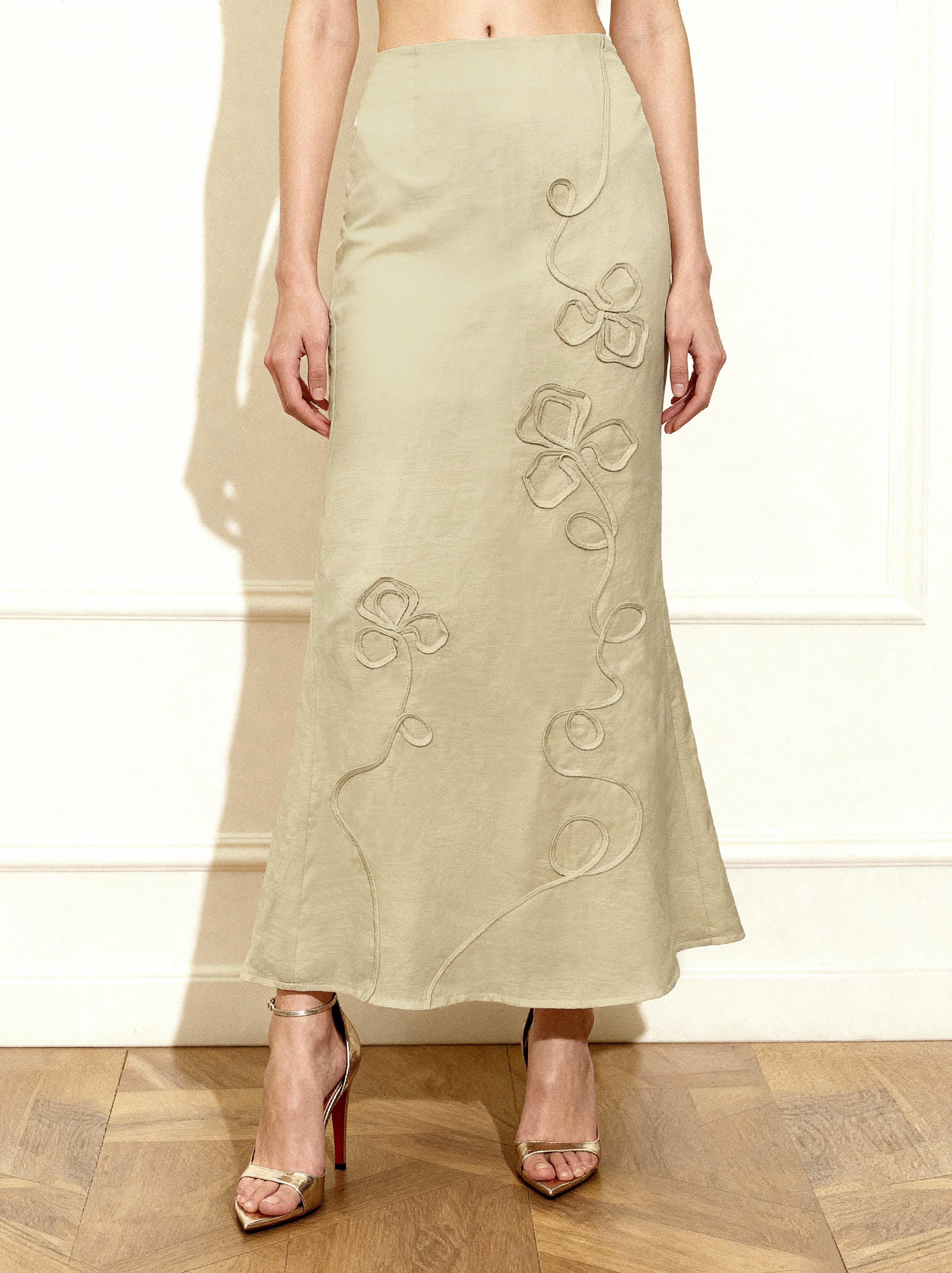 Linen Corded Embroidery Maxi Skirt - Natural
