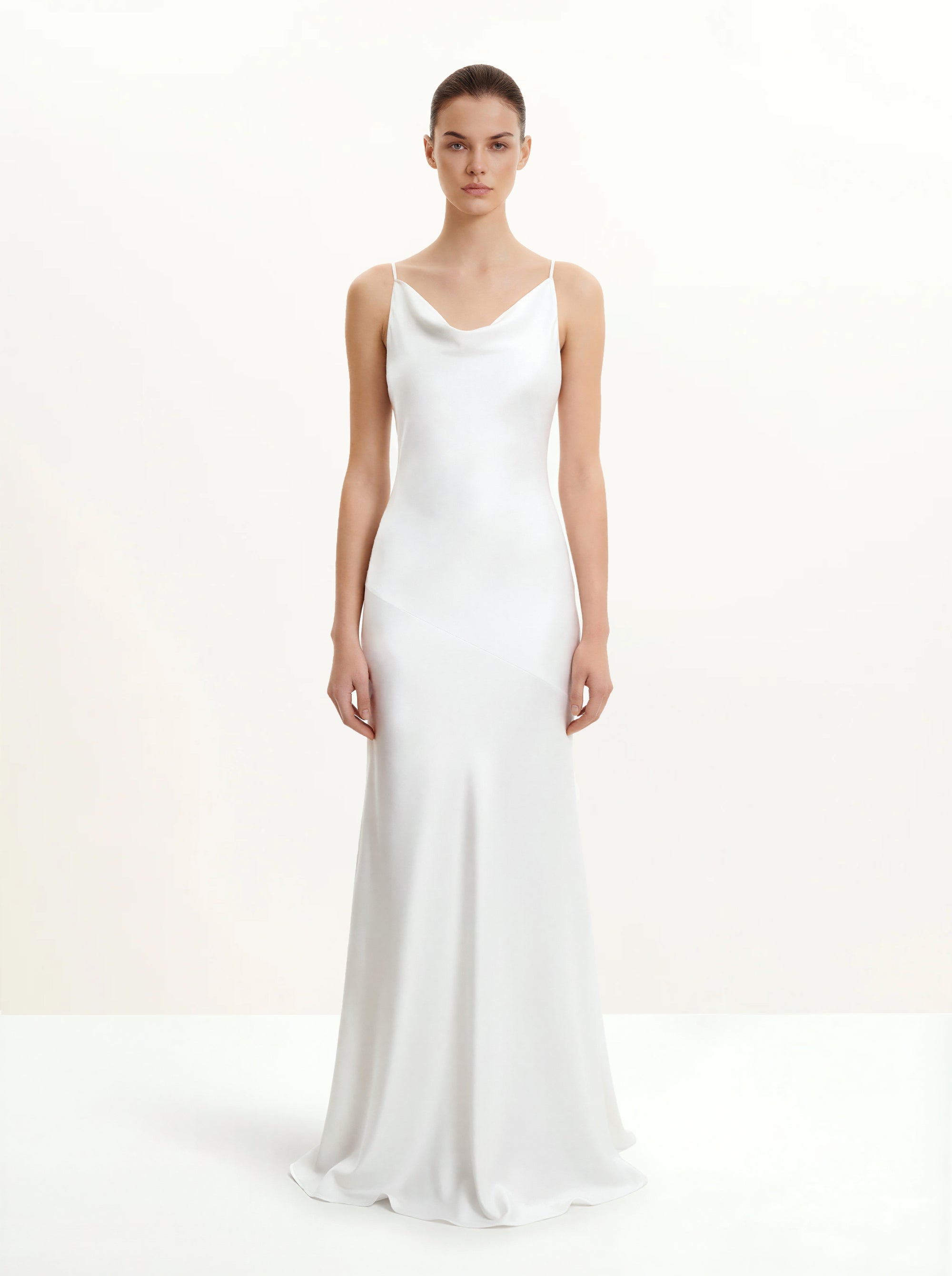 Satin Cowl-Neck Bow-Back Maxi Dress - White