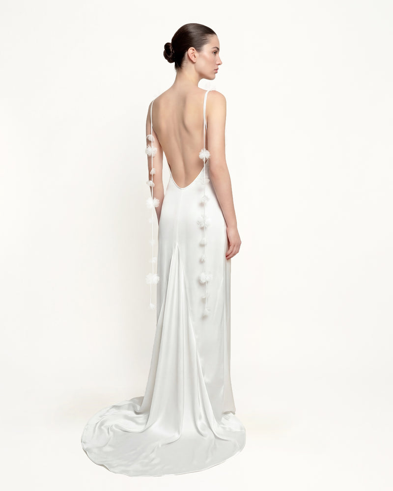 Satin Strappy Maxi Dress with Floral Streamers - White