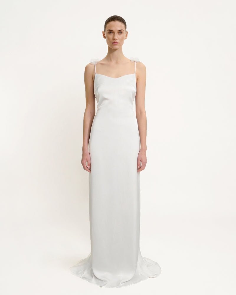 Satin Strappy Maxi Dress with Floral Streamers - White