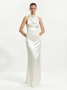 Satin Cowl Neck Ruched Maxi Gown - White