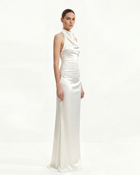 Satin Cowl Neck Ruched Maxi Gown - White