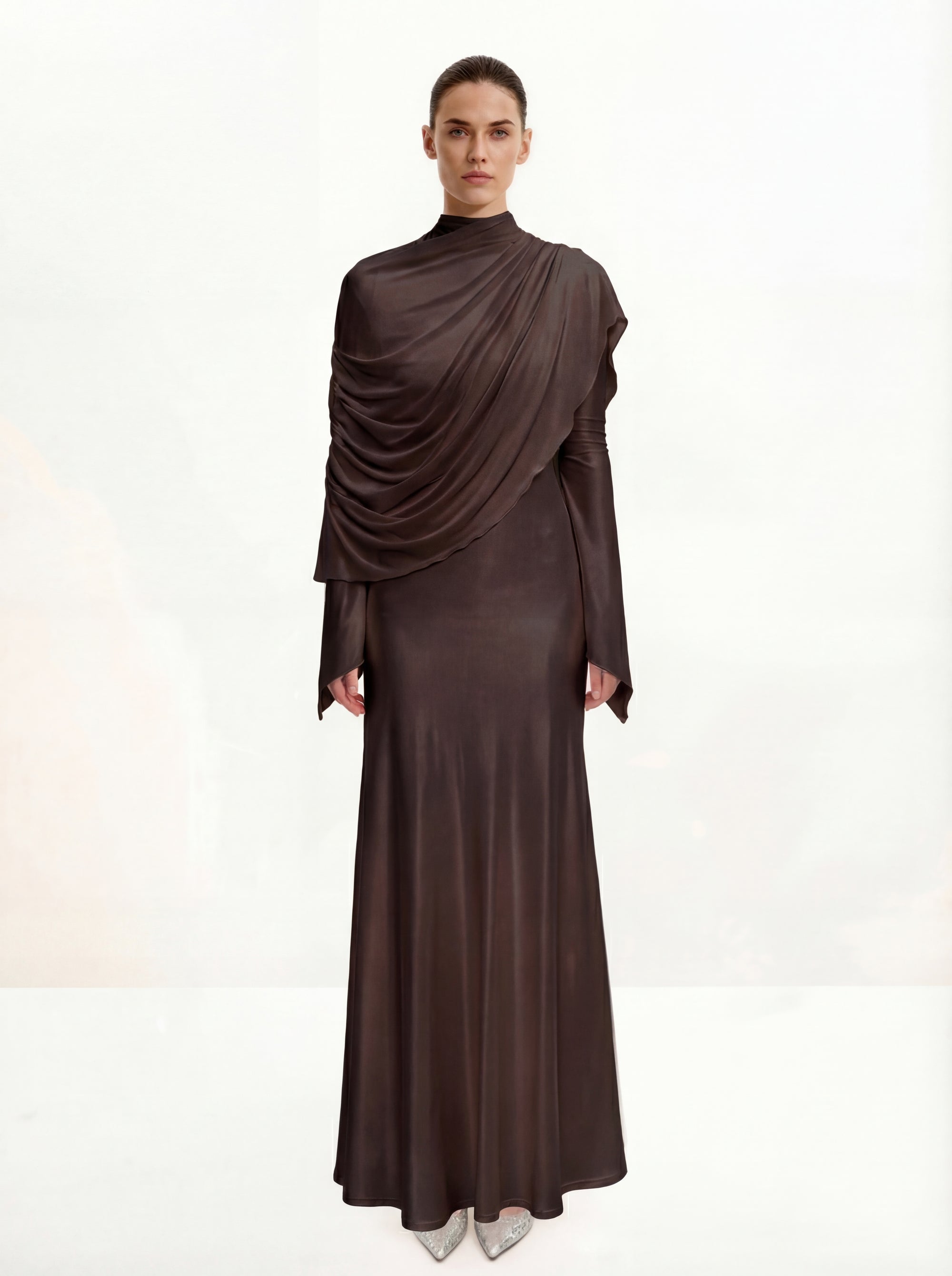 Sheer Shawl Ruched Bodycon Maxi Gown - Brown