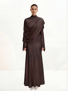 Sheer Shawl Ruched Bodycon Maxi Gown - Brown