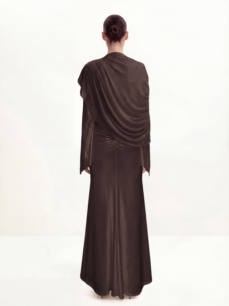 Sheer Shawl Ruched Bodycon Maxi Gown - Brown