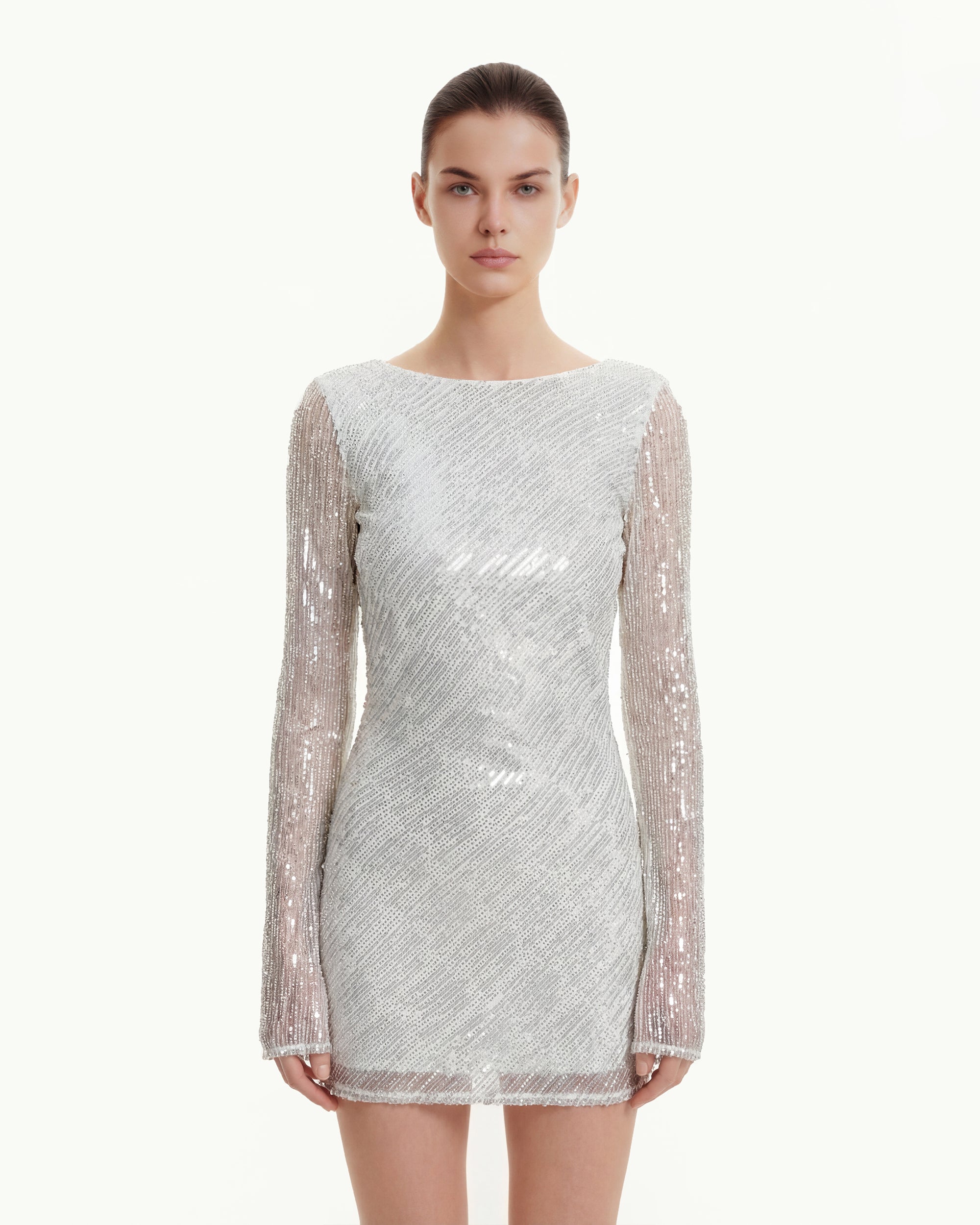 Diagonal Sequin Open-Back Long Sleeve Mini Dress - White