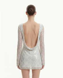 Diagonal Sequin Open-Back Long Sleeve Mini Dress - White