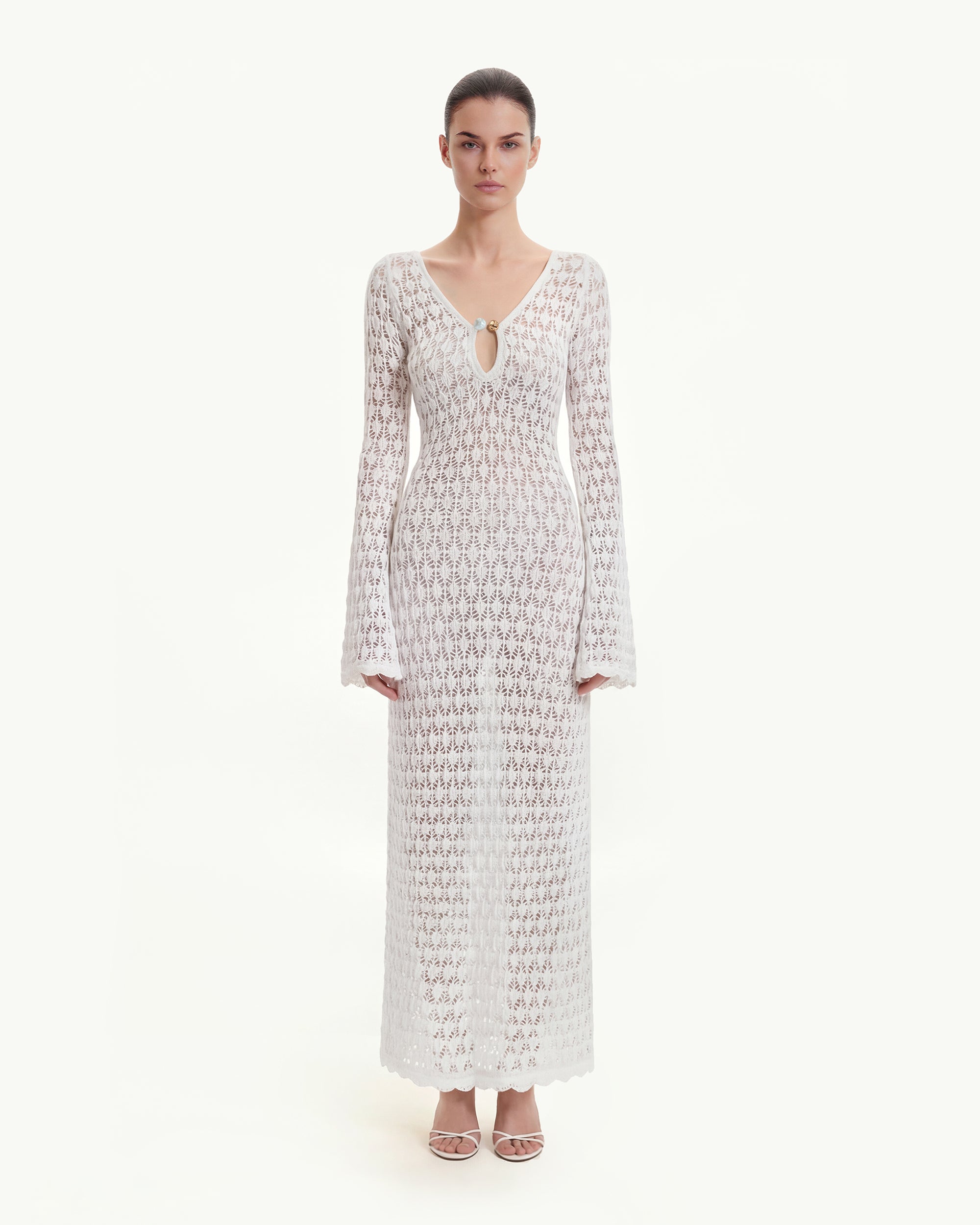 Pointelle Knit Keyhole Maxi Dress - White