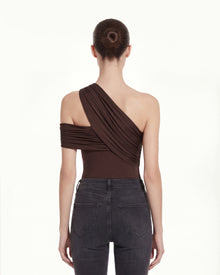 Ruched Asymmetric One-Shoulder Top - Brown